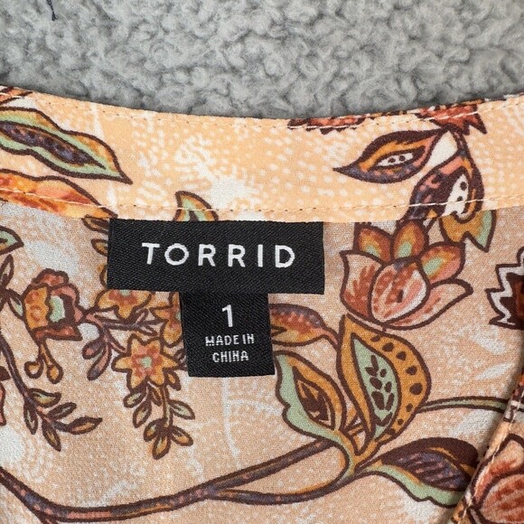 Torrid 1X Babydoll Tunic Top Orange Brown Floral Hi Low Boho Blouse - Picture 7 of 16